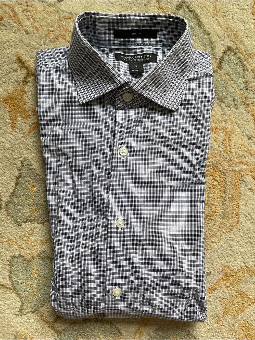 Banana Republic Men's Blue and White Micro-Check Dress Shirt